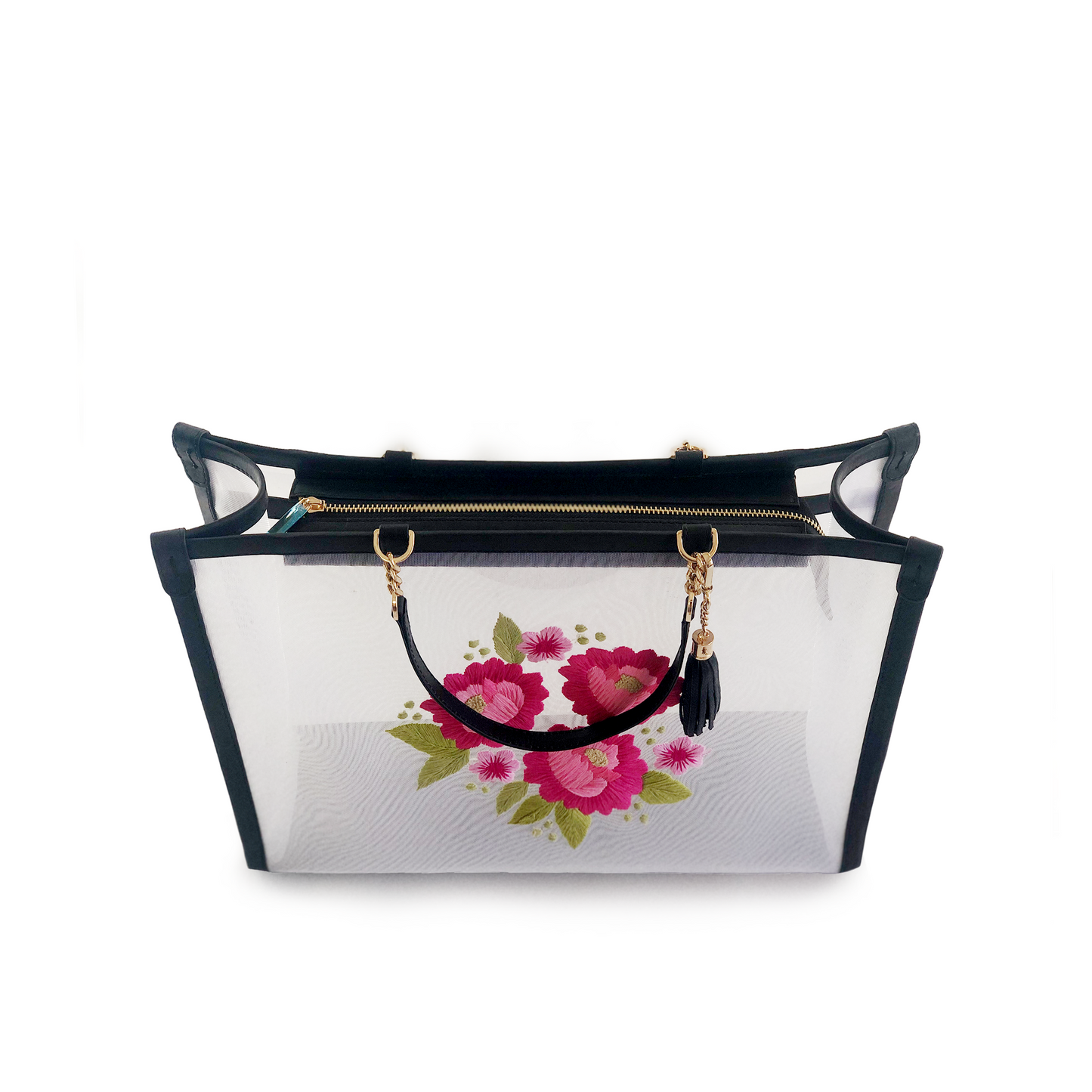 Daisy embroidered mesh tote