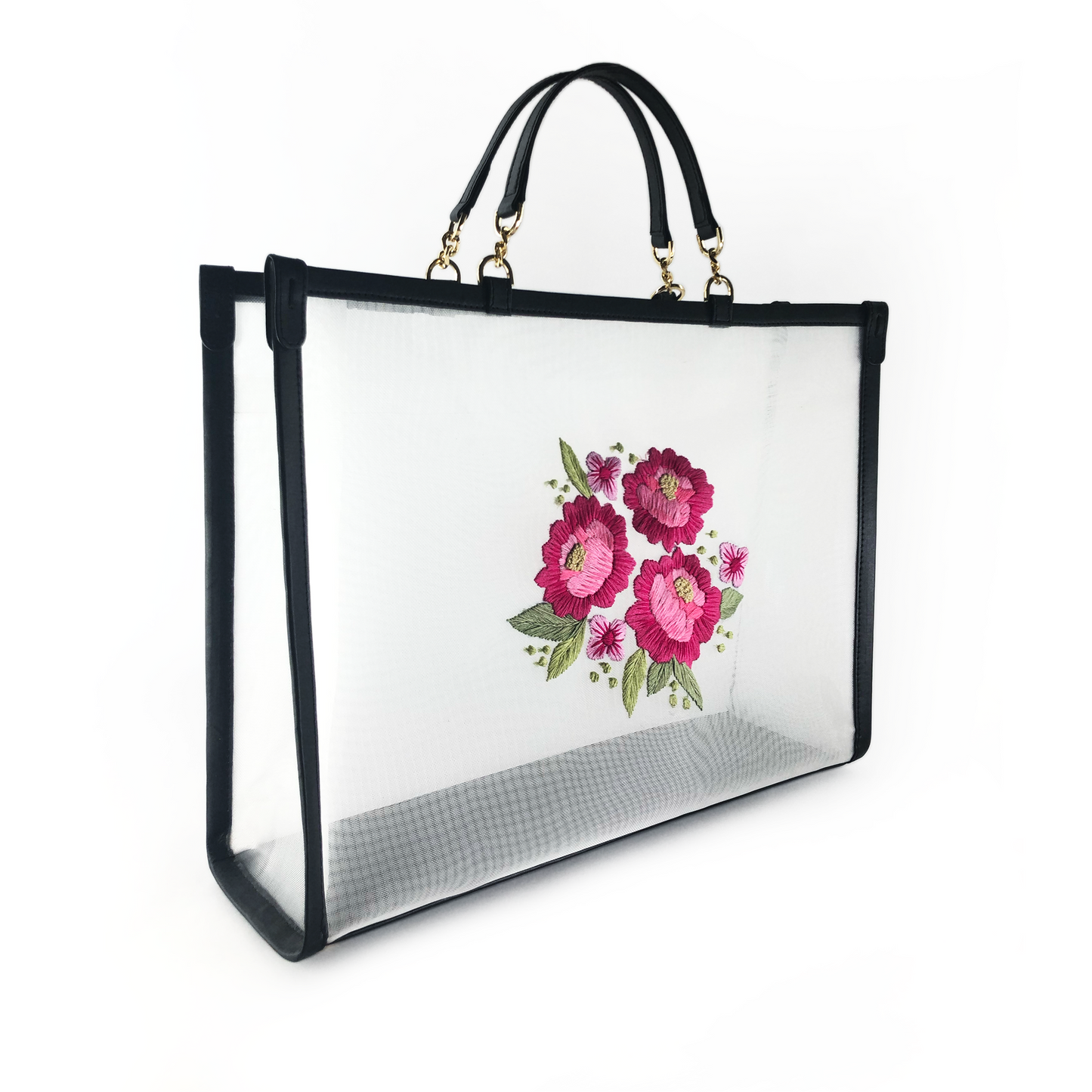 Daisy embroidered mesh tote