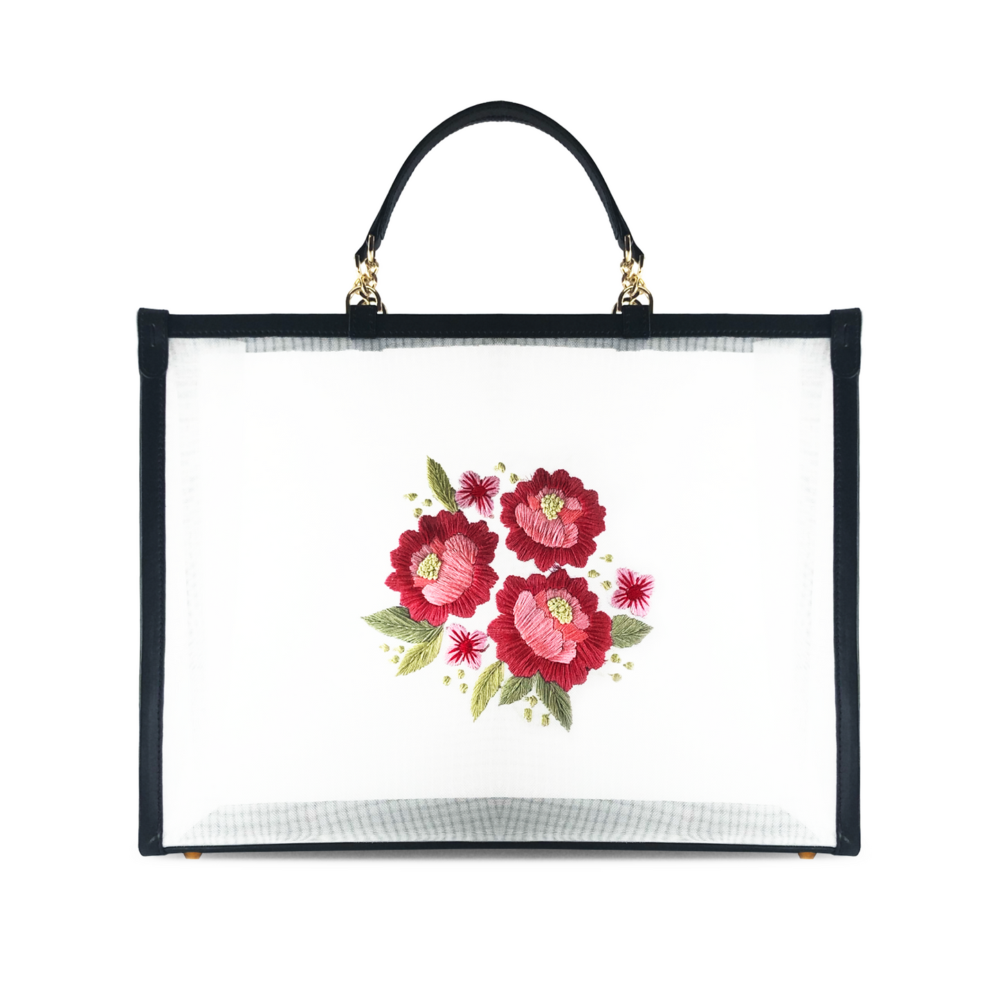 Daisy embroidered mesh tote