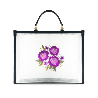 Daisy embroidered mesh tote