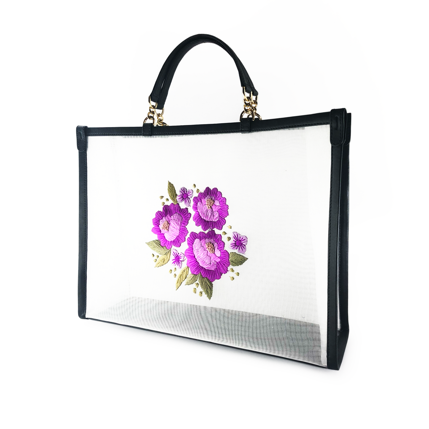 Daisy embroidered mesh tote