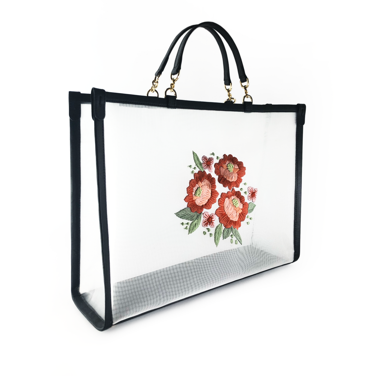 Daisy embroidered mesh tote