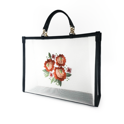 Daisy embroidered mesh tote